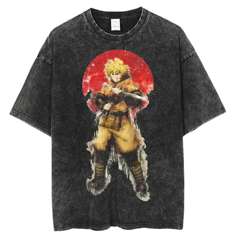 2024 Mens VINLAND SAGA Anime Vintage Washed T Shirt Graphic Print Hip Hop Streetwear Summer Short Sleeve Harajuku Tops