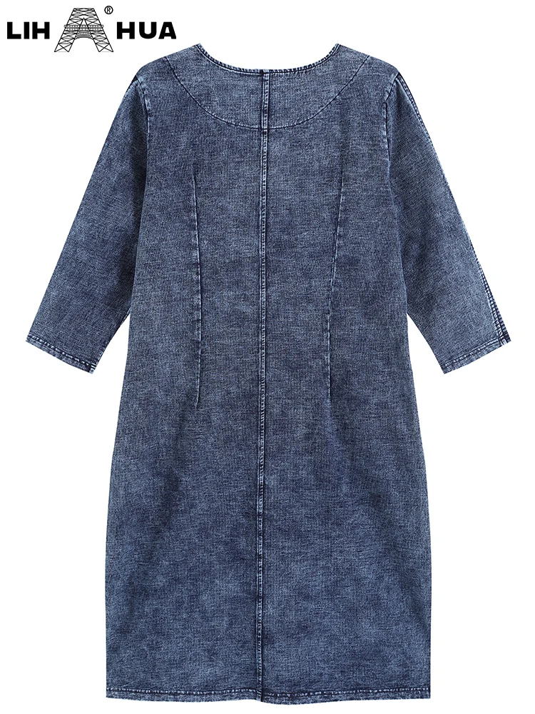 LIH HUA robe en denim pour femmes taille d'automne robe élégante et à la mode convient à la robe en coton tricoté pour femmes rondes et grosses