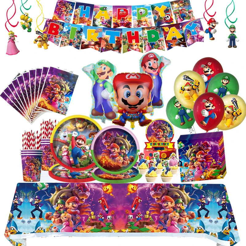 Movie Mario Birthday Decoration Super Bros Cartoon Party Supplies Kids Stickers Plate Balloons Tableware Backpack