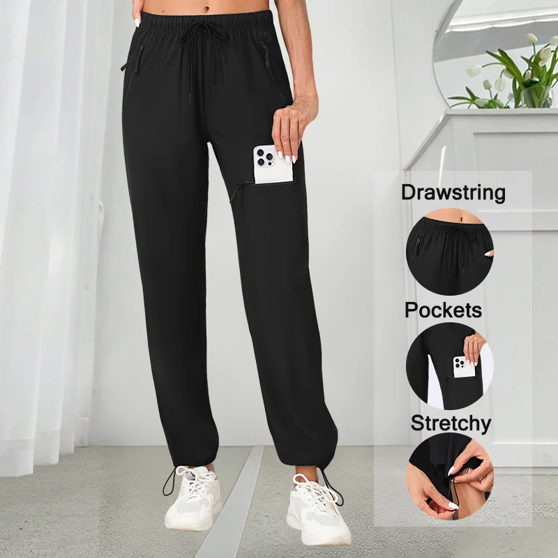 Pantaloni da donna in tessuto multiuso a 4 tasche con coulisse regolabile in vita con orlo arricciato Pantaloni casual da esterno Comfort Fit Pull-On