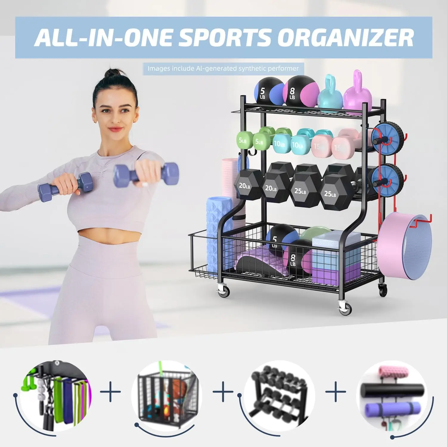 All In One Dumbbell Kettlebell Yoga Mat Storage Rack With Wheels Hooks Steel