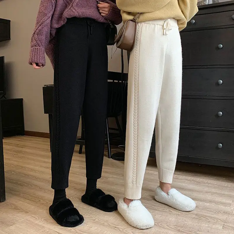 

Woman Wide Leg Loose Pants Female High Waist Straight Baggy Ladies Autumn Knitted Style Solid Casual Office G301