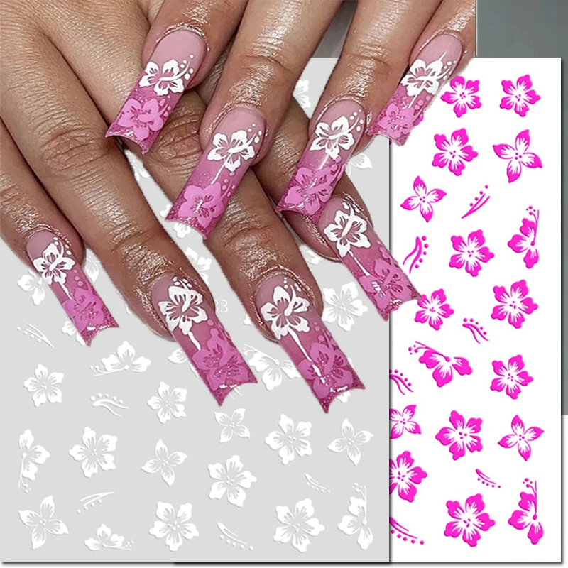 

3d Nail Art Decals Summer Hibiscus Florals White Petals Flowers Nail Stickers Decoration For Nail Tips Beauty