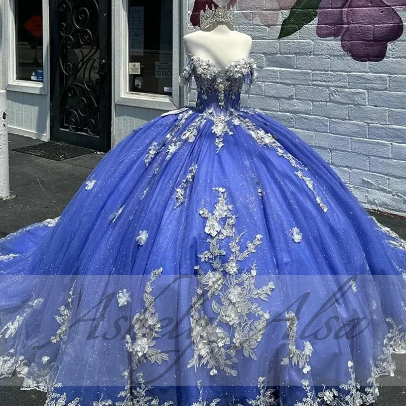 AA879 personalizado azul mexicano dulce 16 Vestido para quinceañeras Vestido De xv Anos Floral tren De barrido graduación Vestido De fiesta De cumpleaños 15 14