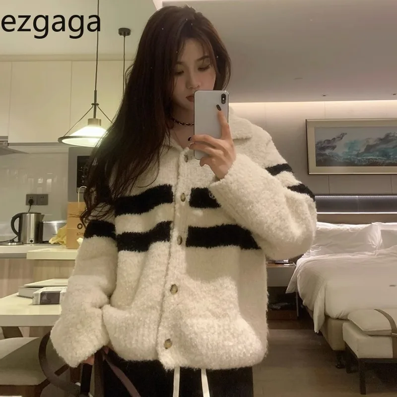 

Ezgaga Knitted Cardigan Women Striped Vintage Stand Collar Outwear Loose Sweater Fashion Autumn Winter Stretch Casual Ladies