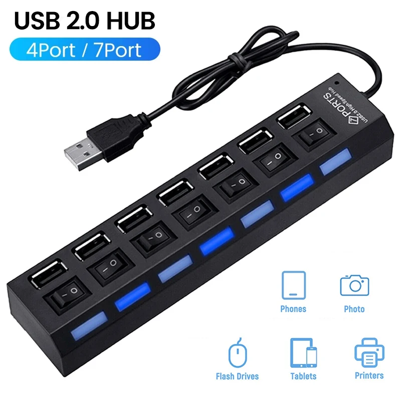 

USB HUB 7 Ports USB Splitter Multi Hub USB Adapter USB2.0 Several Ports Use Power Adapter USB 2.0 with Switch Laptop Accessories