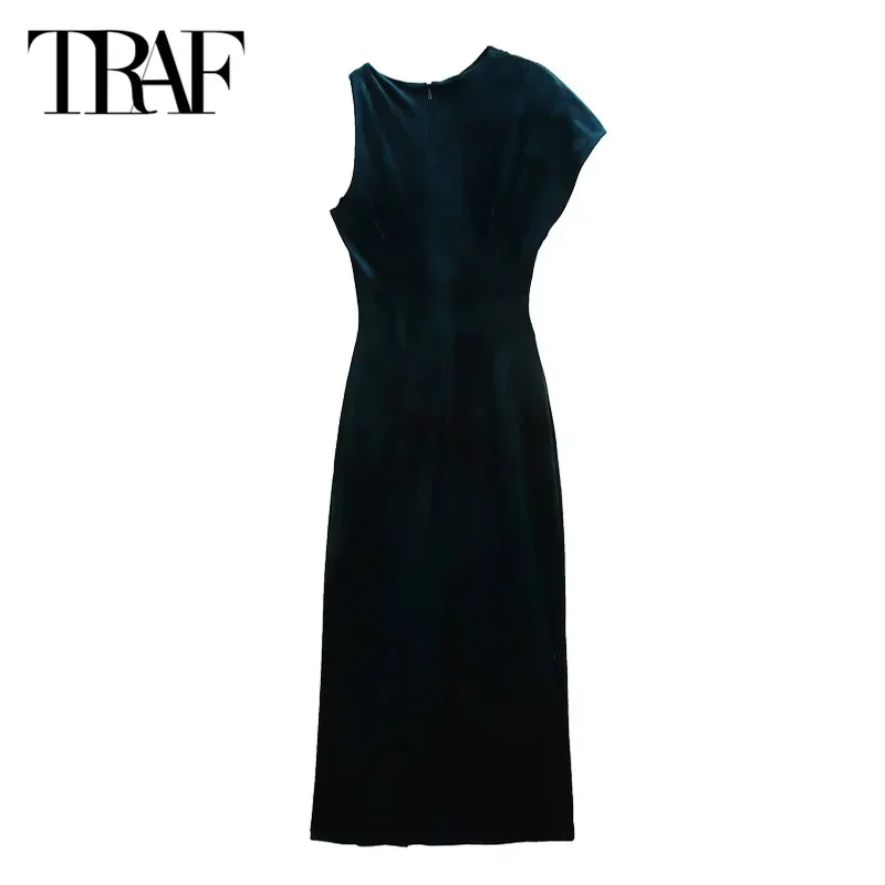 TRAF Velvet Long Dresses Women\'s Dresses 2024 Autumn Ladies Fashion Midi Sleeveless Prom Dress Vestidos Elegant Party Dresses