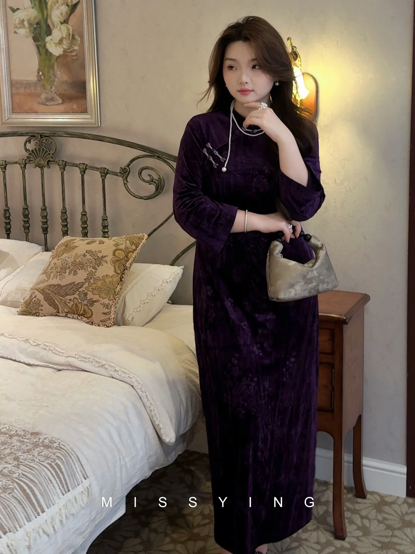 

New Chinese Sle Velvet Dr Purple Embroidered Chiffon Winter New Arrival Women's plus Size Dr High Waist A-Line Skirt