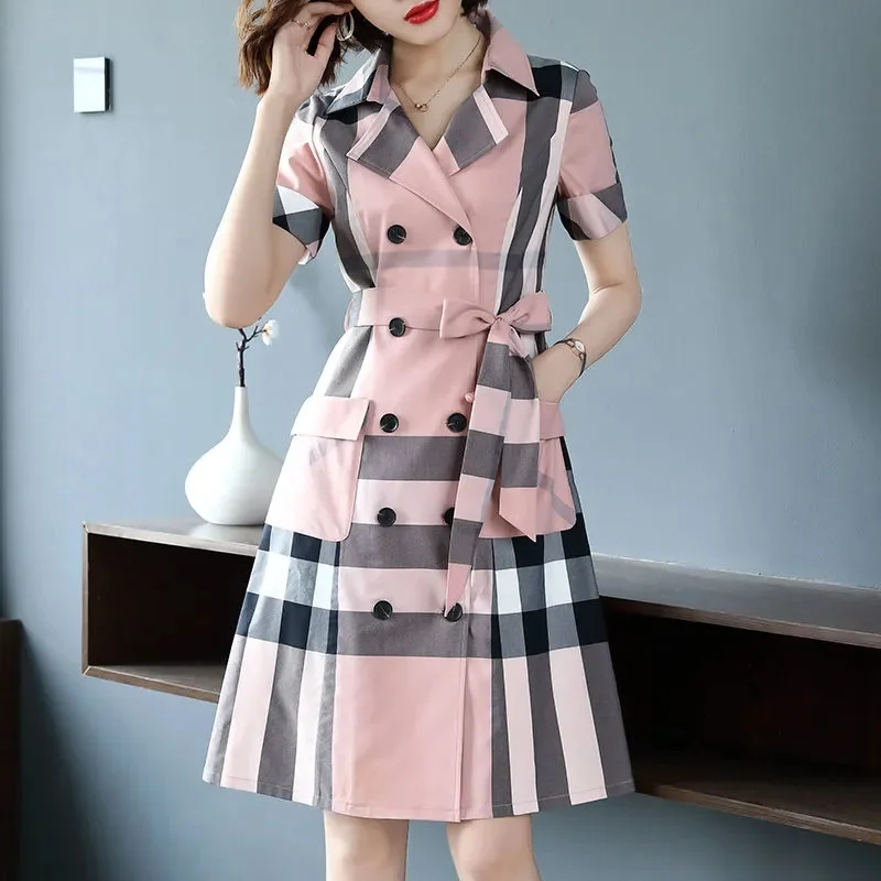 2023 Summer New Women\'s Fashion Patchwork Plaid Shirt Skirt Showing Thin Loose Temperament Long-sleeved Dress Female Lace-up XZ2