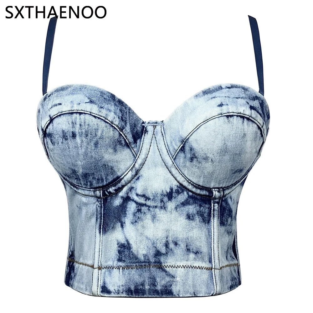 SXTHAENOO Sexy Denim Tank Top Women's Strap Back Underwear Fashion Outerwear Femme Corset Crop Tops Nightclub Party Cropped Top