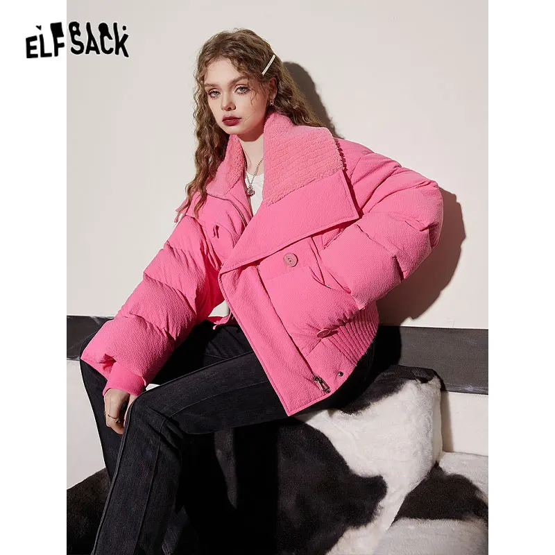 ELFSACK Pink Lapel Warm Down Coats Women 2023 Winter Loose Short Casual Outwears