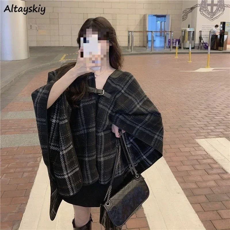 

Женские свободные универсальные шерстяные пальто с v-образным вырезом в клетку, милая элегантная верхняя одежда, уличная корейская модная уличная одежда Ulzzang Ins
