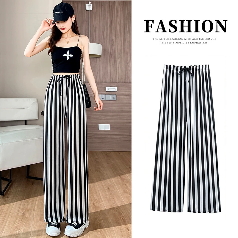 Summer Women\'s Ice Silk Loose Wide Leg Pants Fashion Personality High Waist Casual Pants Ink Tie Dyed Floor Dragging Pants