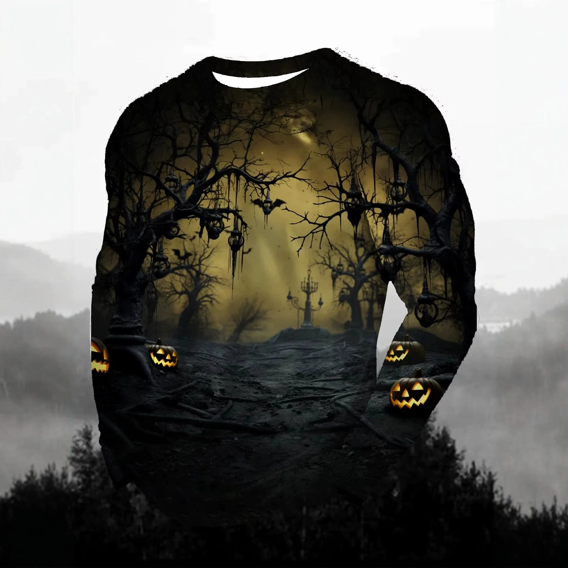 Men Long Sleeve T‑Shirt Halloween Haunted Castle Ghost Pumpkin Bat 3D Print Gothic Party Casual Top
