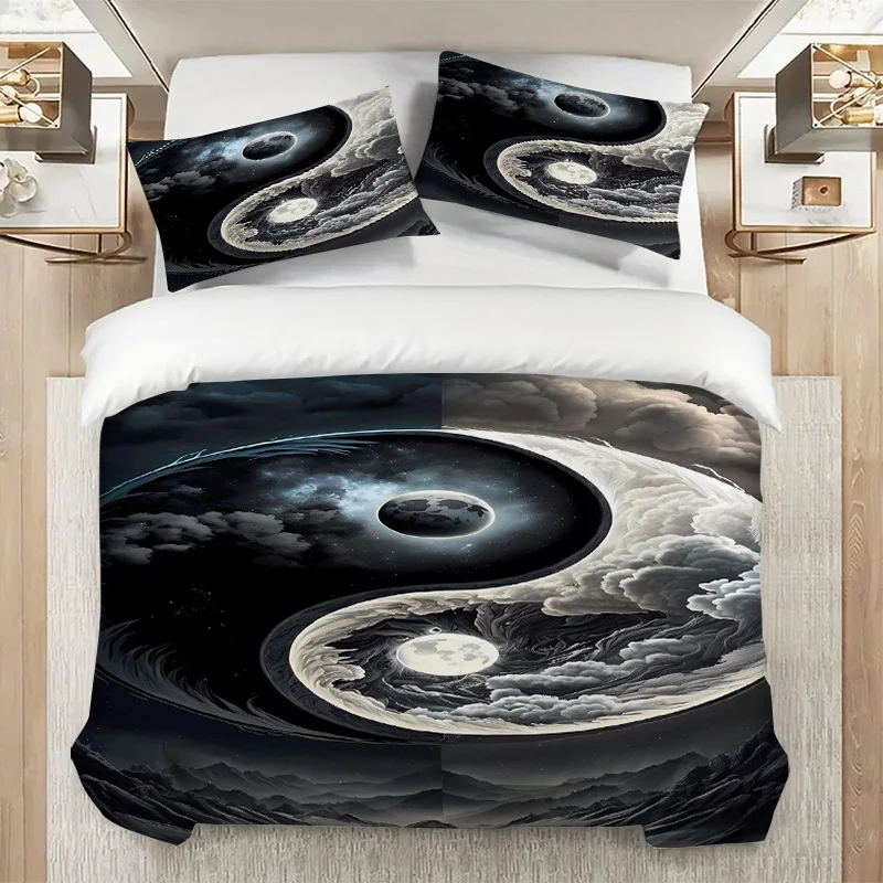 Duvet Cover Set with Yin-Yang Tai Chi Pattern, Universe, Stars, and Mountains, 100% Polyester Fiber, Ultra Soft Brushed Bedding for Bedroom, Hotel, Dormitory