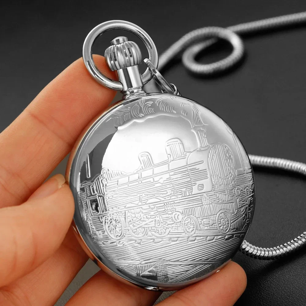 Antique Silver Steam Train Design Automatic Mechanical Men's Pocket Watch Gift Antique Steampunk Fpb Chain Timepiece PJX1772