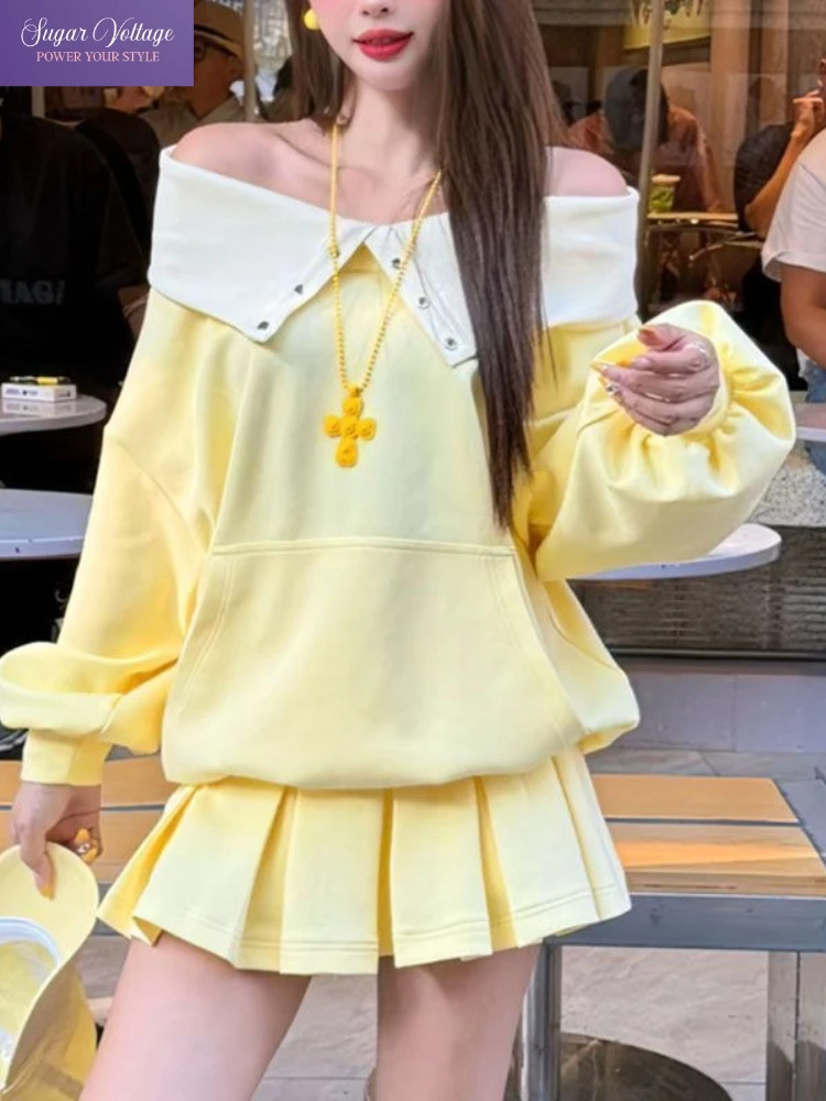 Harajuku Koreanische Süße Zwei Stück Set Frauen Off Schulter Langarm Sweatshirt + Falten Rock Elegante Nette Mode Chic Outfit