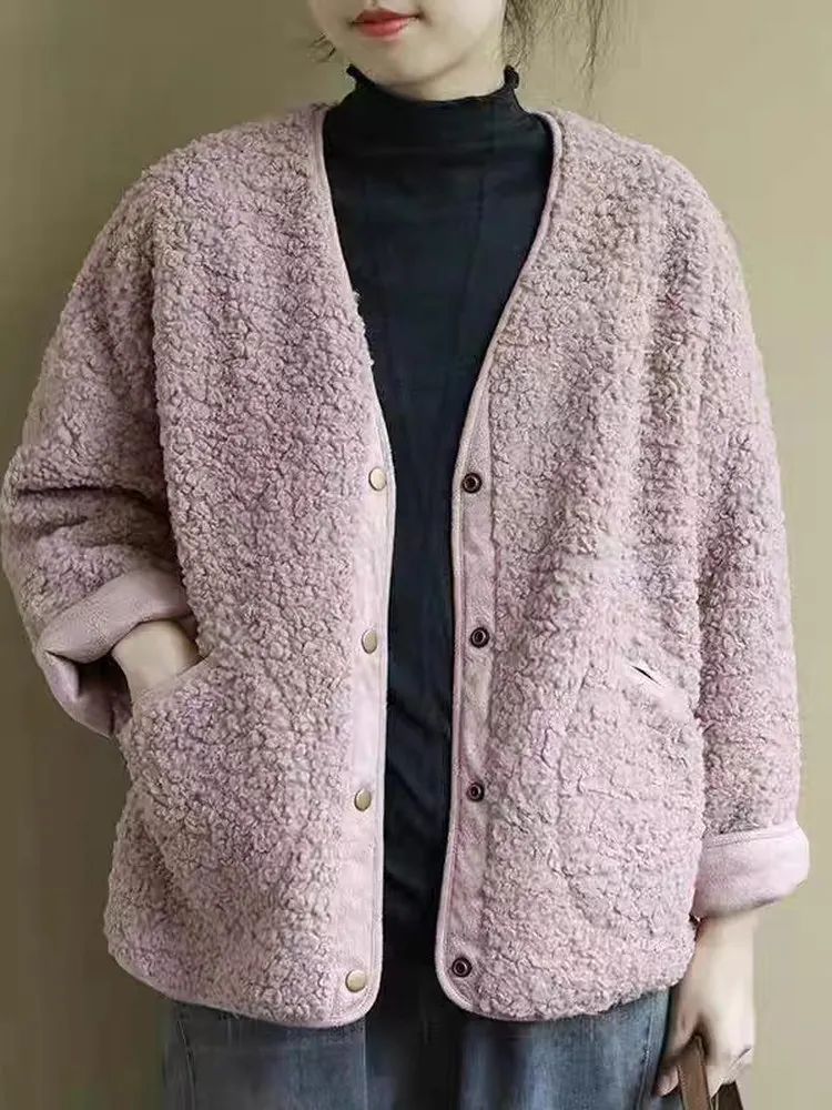 

Ladies ort Cotton Jaet Autumn Winter Warmth Sle Commute Loose Fit Long Sve V-Ne Single Button Pure Color