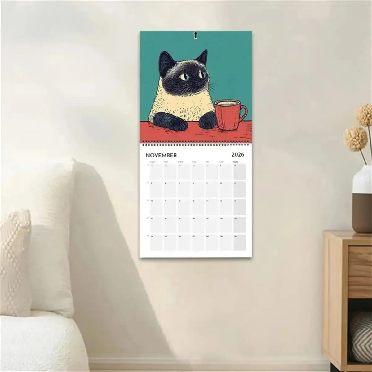 Calendrier mural HITL 2026 motif chat, planificateur familial 12 mois, papier épais, décoration pour chambre et bureau