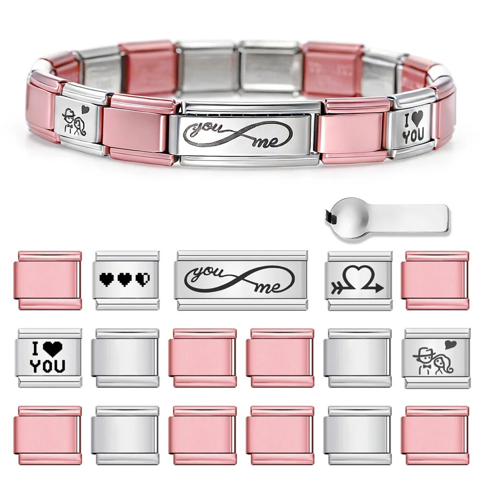 9mm Italian Stainless Steel Bracelets Design Laser Engraving Heart Element Tool Combination Set DIY Charm Jewelry 18pcs Pack