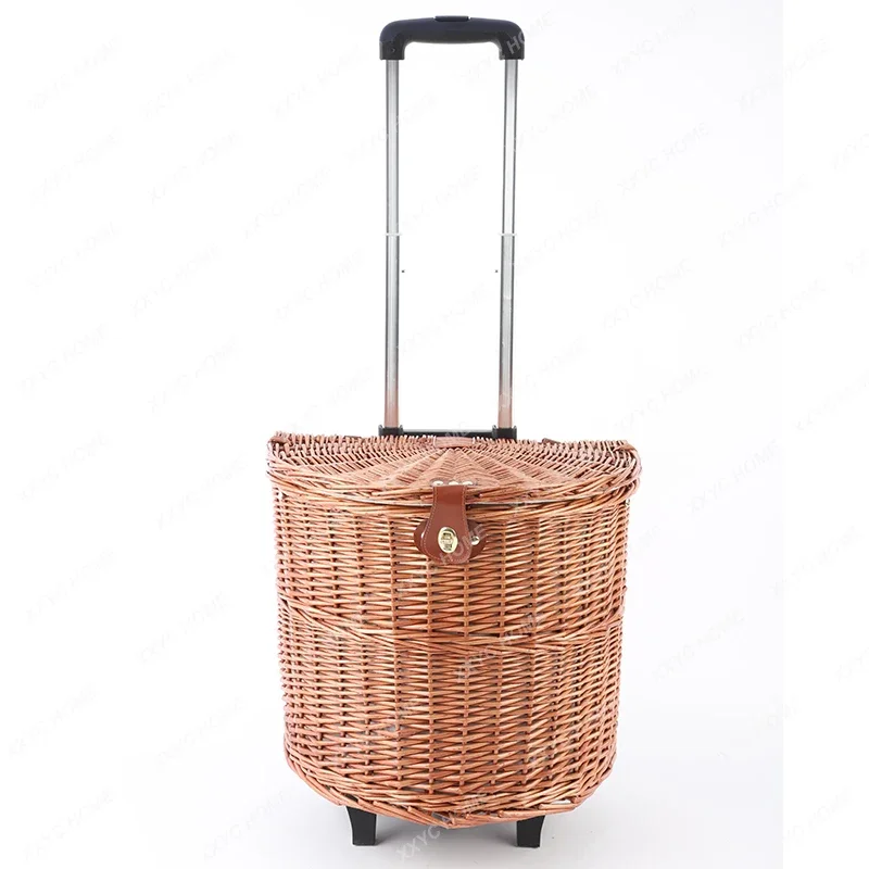 Rattan Woven with Wheels Picnic Basket Spring Outing Storage Basket Trolley Multi-Functional Outdoor Dining Box Insulation