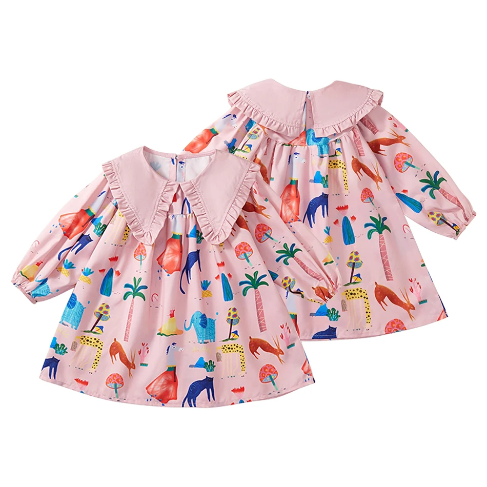 Girls Spring Pink Puff Long Sleeves Dress Unique and Colorful Doodle Print Girls Dresses Outdoor Activities Girls Casual Dresses