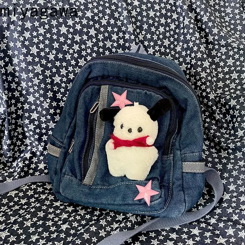 Miyagawa Cute Cartoon Dog Demin Student Backpack Small Book Bag Japanese Sweet Cool Girl Mini Kawaii Jeans Backpacks