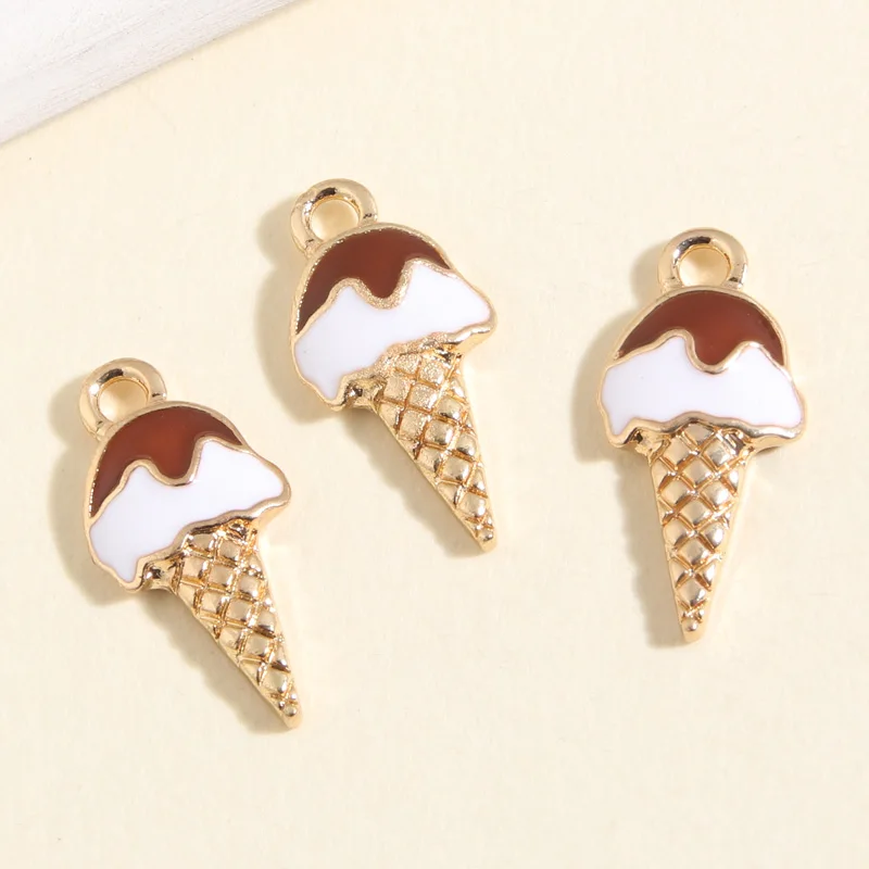 10pcs Gold Color 21x10mm Cute Enamel Chocolate Ice Cream Charms Summer Pendant Fit DIY Jewelry Making Handcrafted Accessories