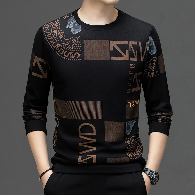 الجودة الأصلية الرجال س الرقبة تي شيرت رائعة رسالة الجاكار كم طويل الخريف تنوعا التنقل الرياضة ملابس رجالية غير رسمية #1