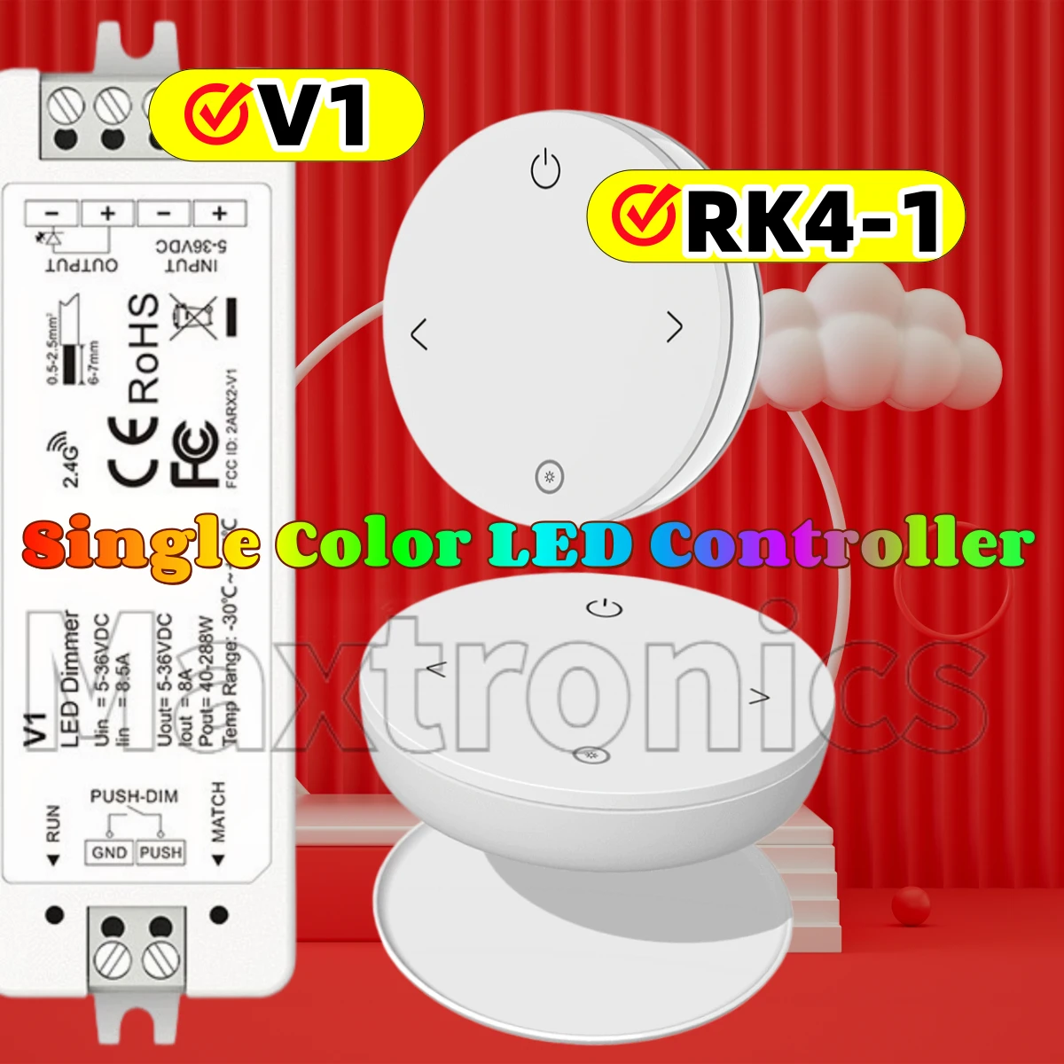 NEW V1 Single Color LED Dimming Controller 2.4G Wireless Smart Remote Control RK4-1 for 12V 24V 1CH Single Color LED Strip Light