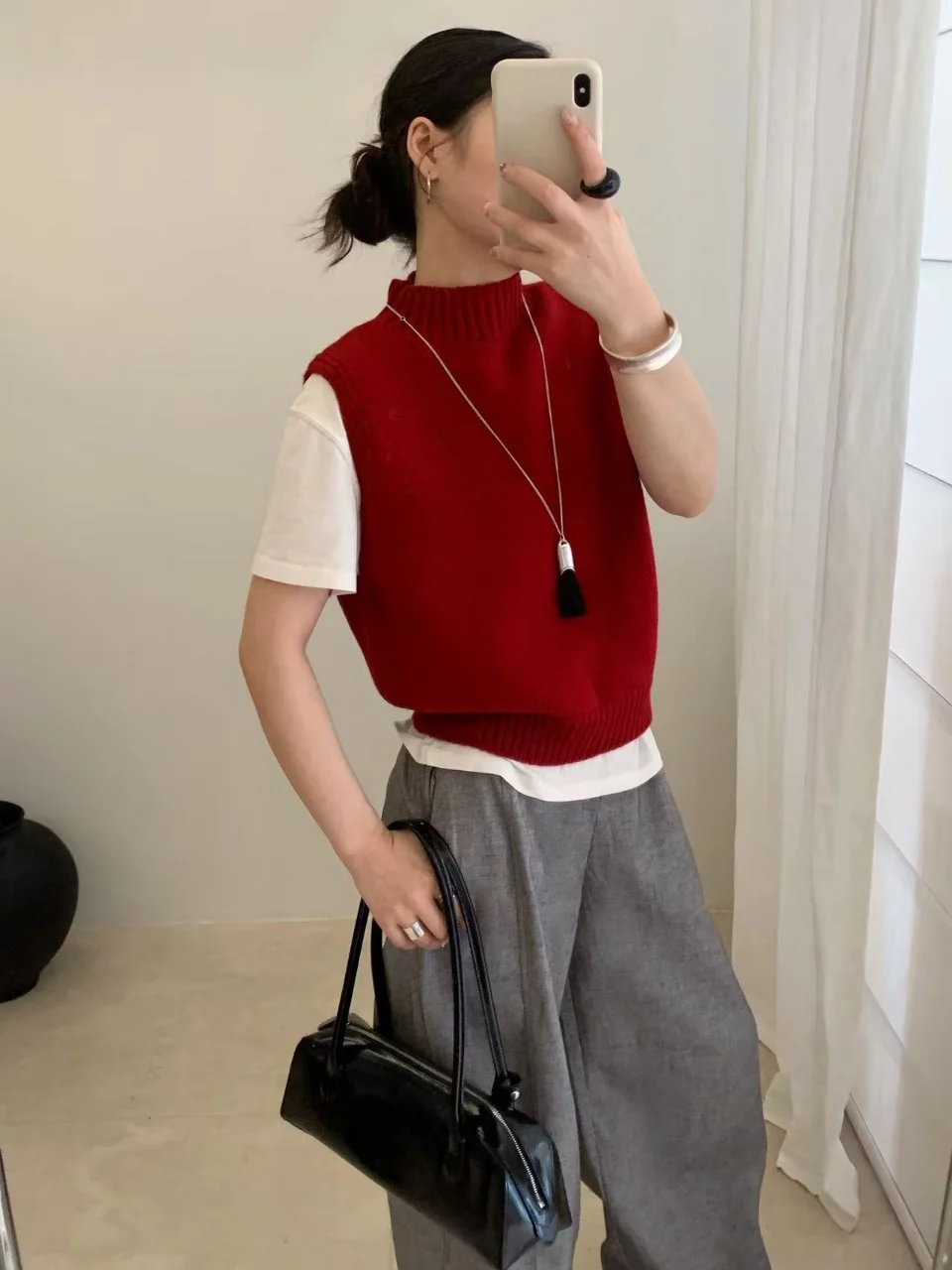 

European Style Loose Knitted Sweater Vest Women's Autumn Winter Half High Collar Back Button Open Back Warm Thickened Vest
