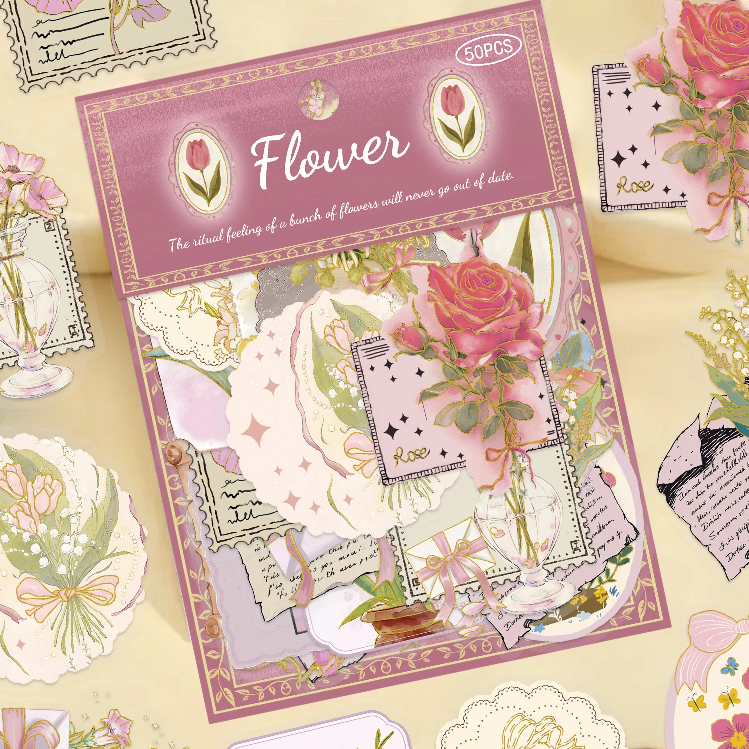 50pcs Gold Foil Transparent Vintage Flower Stickers Waterproof Floral Decals for Scrapbooking Valentine's Day Gifts for Women