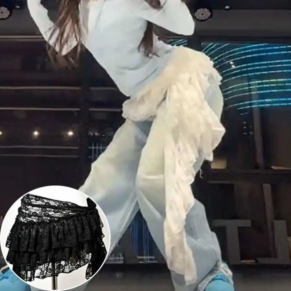 

Embroidered Flower Lace Mini Skirt See Through Irregular Lace Up Ruffles Skirt Harajuku High Waist Ruched Skirts