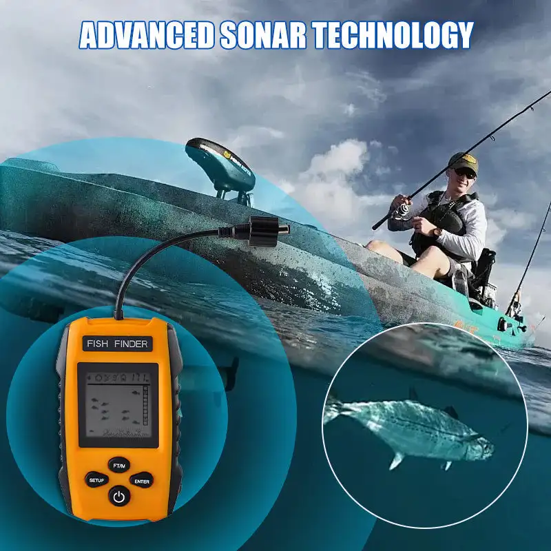 200KHz Portable Wired Sonar Fish Finder Alarm 100M Portable Sonar Fish Finders 45 degrees Sonar Coverage Echo Sounder Alarm Tran