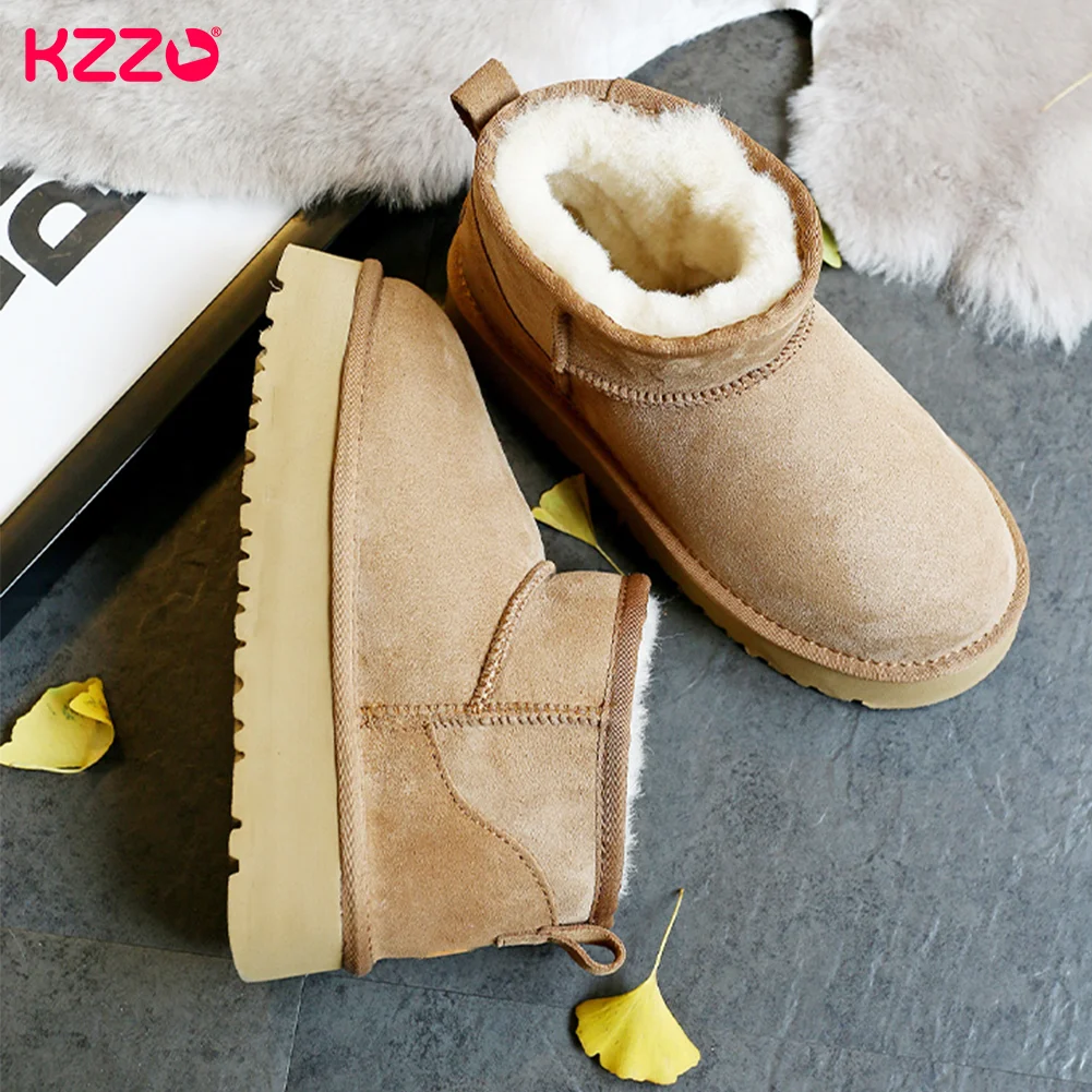 KZZO Women\'s Ultra Mini Platform Snow Boots Sheepskin Suede Leather Sheep Fur Lined Casual Thick Sole Ankle Winter Warm Shoes