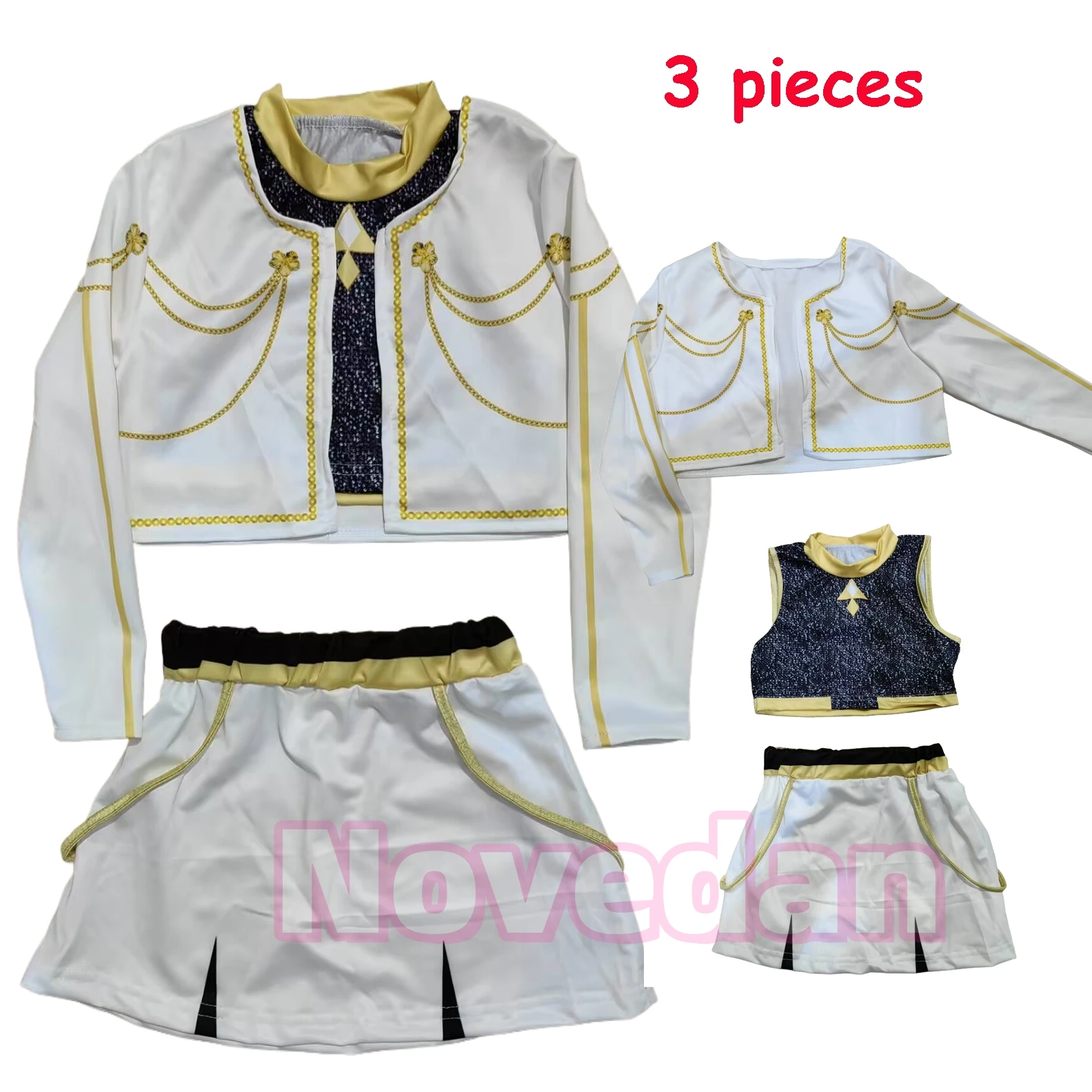 Kinder Anime Cosplay Mädchen Kostüm Gruppen-Idol Sänger Auftrittsshow Schwarz-Goldenes Kostüm Kinder Halloween Party Kleidung Outfit