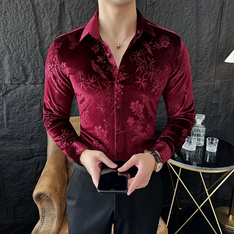 Korean Winter Velvet Shirt Men Long Sleeve Casual Shirts High Quality Elastic Business Social Office Formal Dress Shirts 2023