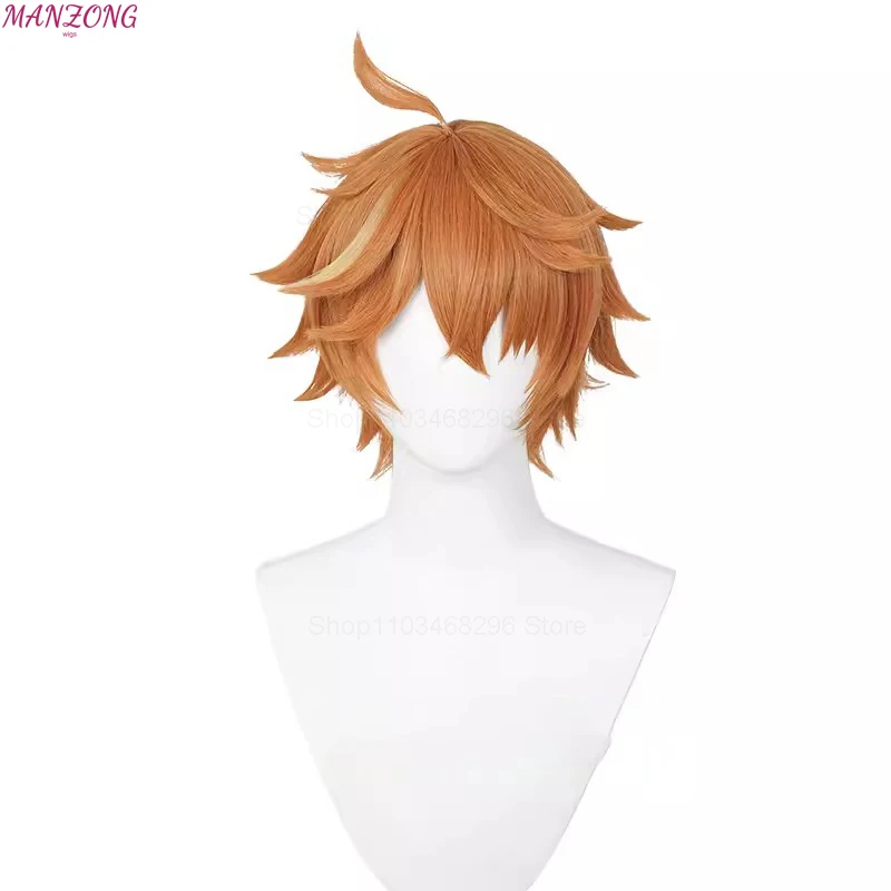 Wig Cosplay Tartaglia, Wig sintetis tahan panas rambut pendek oranye coklat 30cm, pesta Halloween