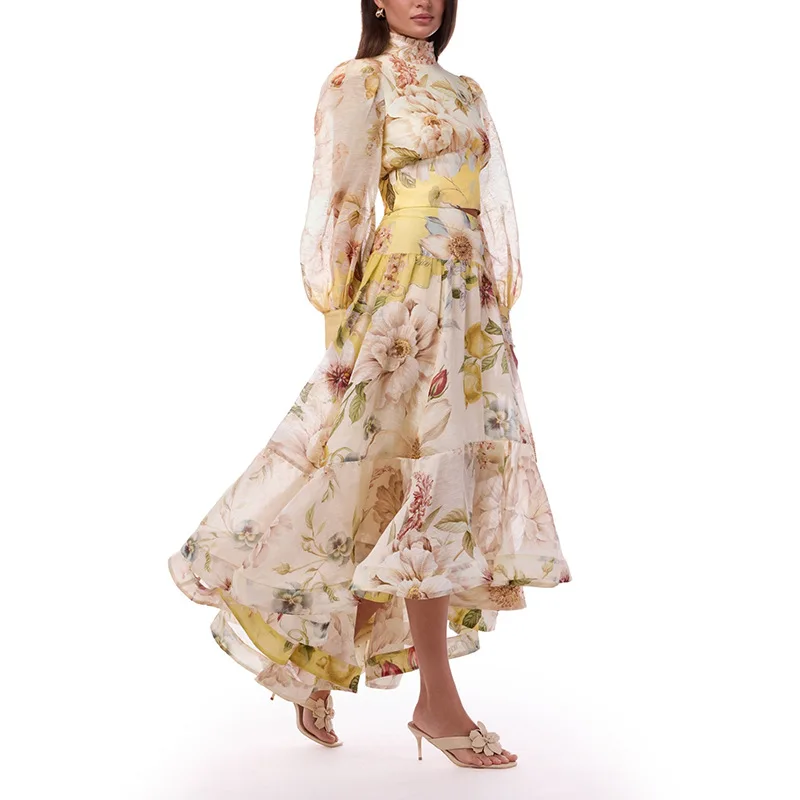 

Summer Flower Print Holiday 2 Piece Set Stand Collar Long Sleeve Top + High Waist A- Line Skirt Female Casual Vacation Clothing