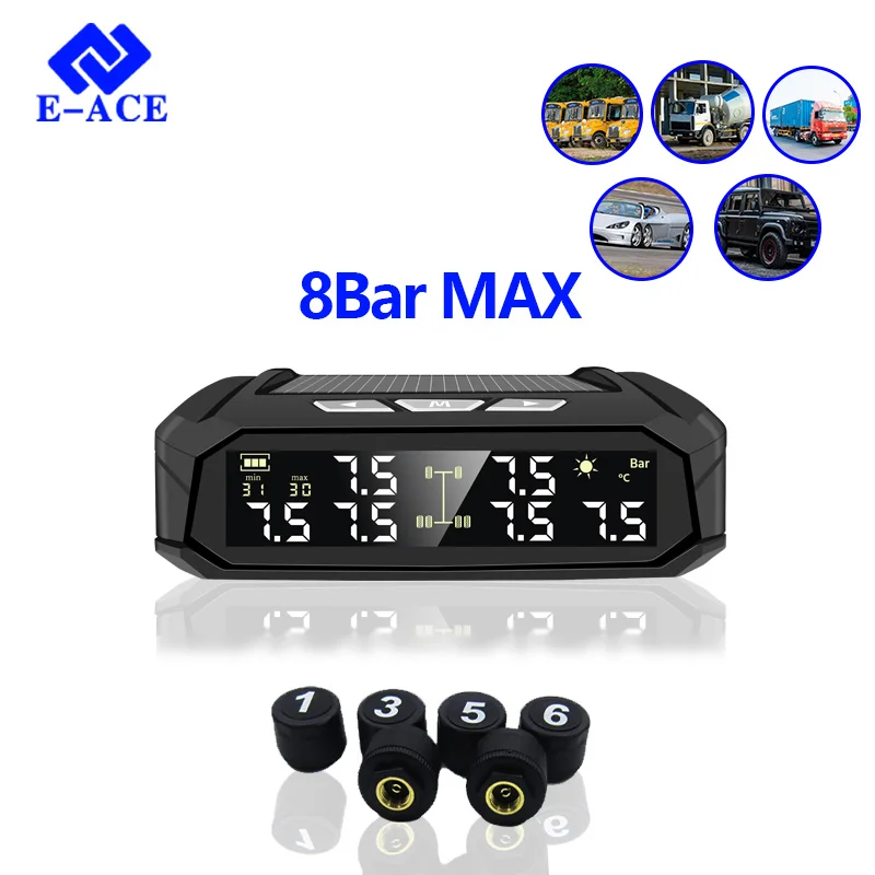 E-ACE 8Bar Intelligent Intelligent Car Tire Pressure Alarm Monitor System Car Temperature Tire Air Pressure Gauge With 6 Sensors