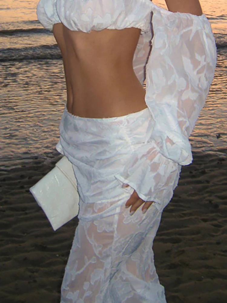 

Сексуальные укороченные топы с открытыми плечами и длинные юбки, женские элегантные кружевные лоскутные однотонные пляжные костюмы, модные отпускные драпированные наряды из 2 предметов