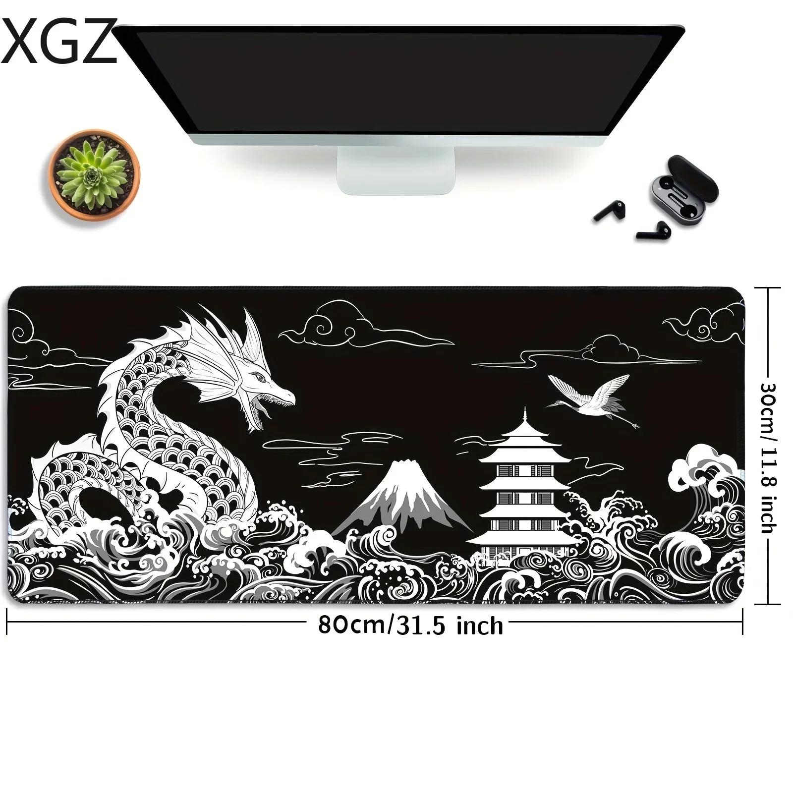 Japanese Dragon Black Large Gaming Mousemats Desk Pad with Anti-Slip Base Stitched Edge Suitable for Gamers and Office