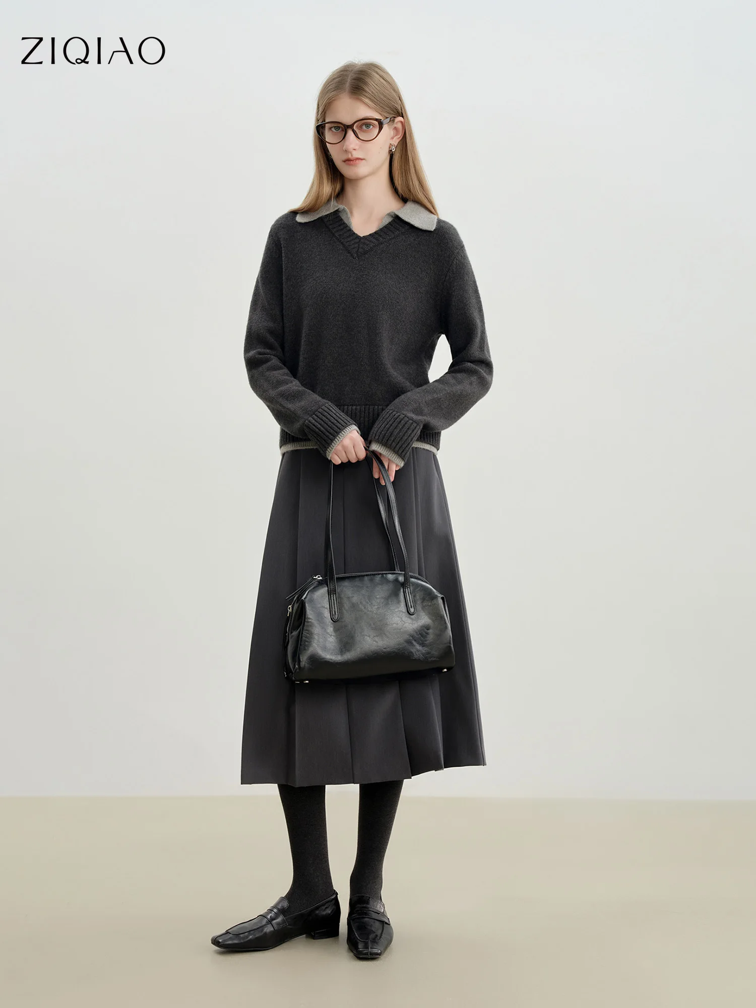 

ZIQIAO 2025 Autumn Winter Women's Color Block Grey Knit Sweater with Notched Collar - Casual Outerwear Long Sleeve Top