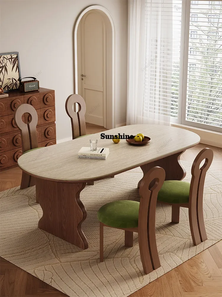 

Rock slab dining table and chair combination medium and ancient style, household small apartment for eating, solid woodY