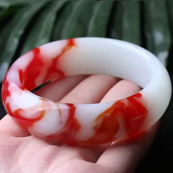 Natural  Red and White Hand Carved Wide Bar Jade Bracelet Fashion Boutique Jewelry Women's Chicken Blood Bracelet Popular Gift