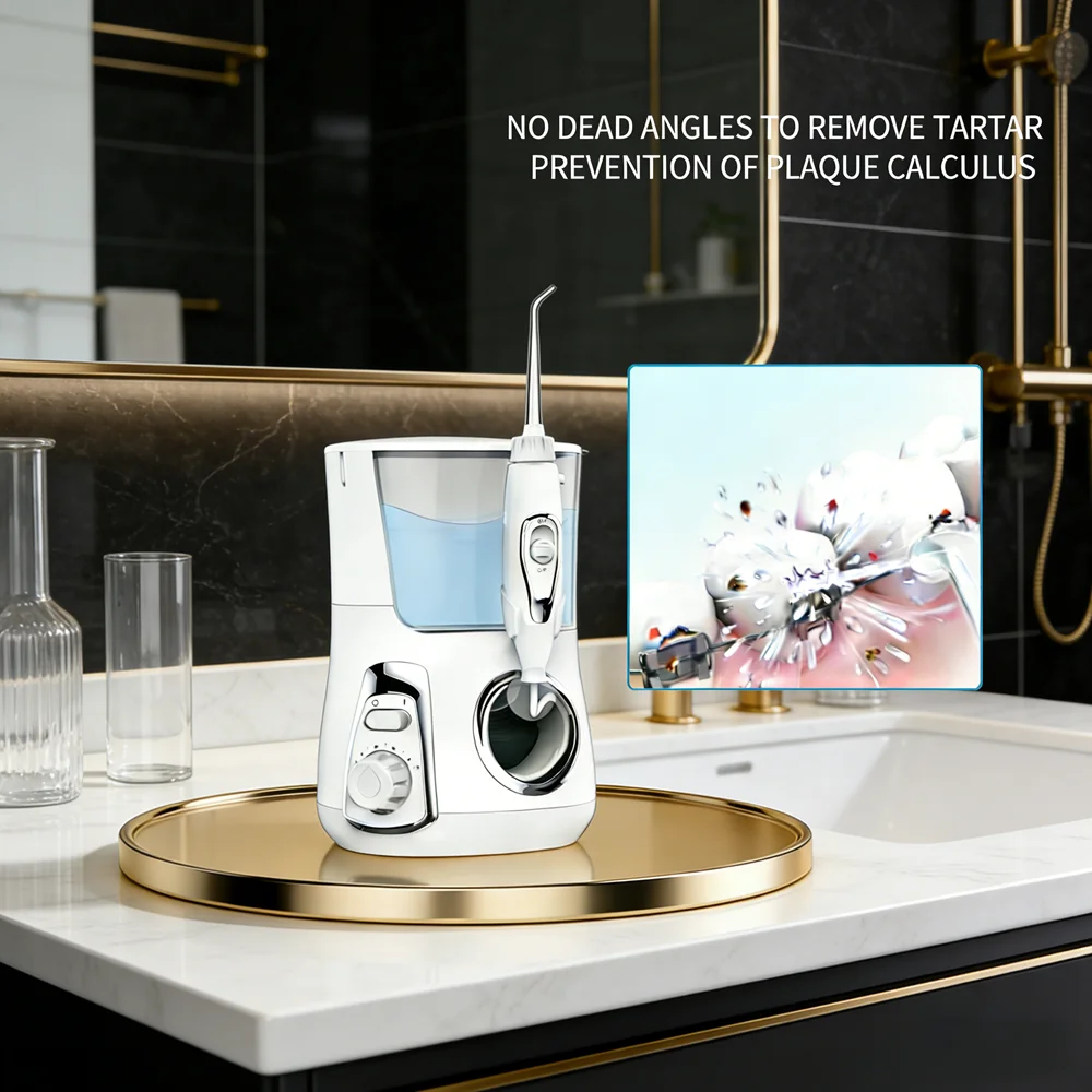 

Ирригатор для полости рта 800 мл для домашнего использования, 10 режимов работы, 5 насадок, настольный блок для предотвращения карие и устранения неприятного запаха изо рта