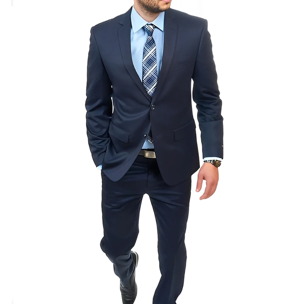

Men's Wedding Groom Tuxedo Slim Fit Suit 2 Button Solid Navy Blue Notch Lapel Flat Front Pants
