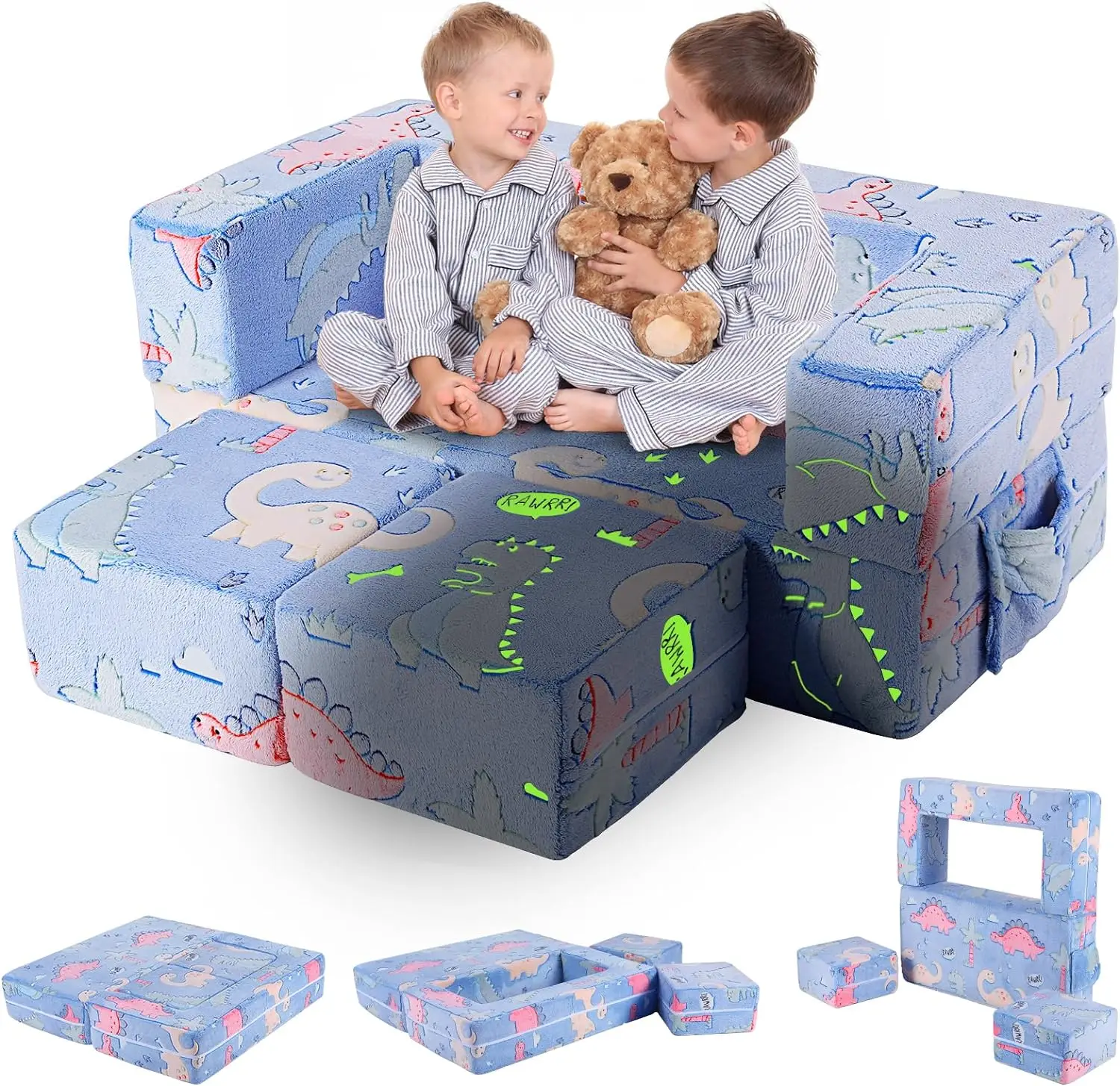 3-in-1 Toddler Soft Sherpa Couch Fold Out, Convertible Sofa to Lounger, Kids Extra Wide Glow in The Dark Chairs for Toddler