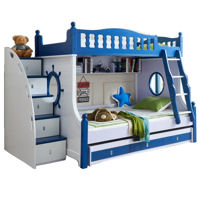 

！@High Quality Indoor Bedroom Furniture Set Kids Wooden Double Bunk Beds for Children with Drawer Stairs and Slide