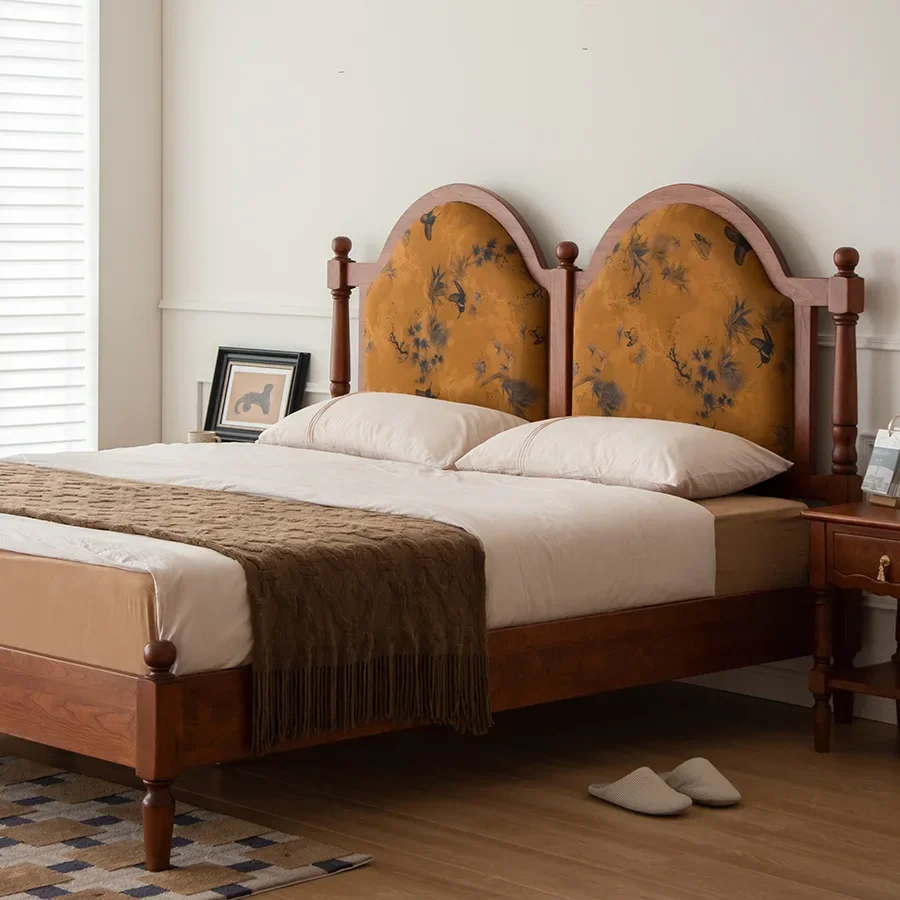 

French retro solid wood bed cherry wood fragrant cloud yarn soft bag bed 1.8/1 meters medieval double bed full solid wood